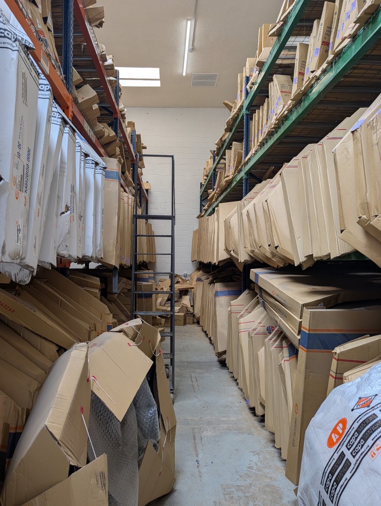 Equipment storage racks inside the Agro Capital US warehouse
